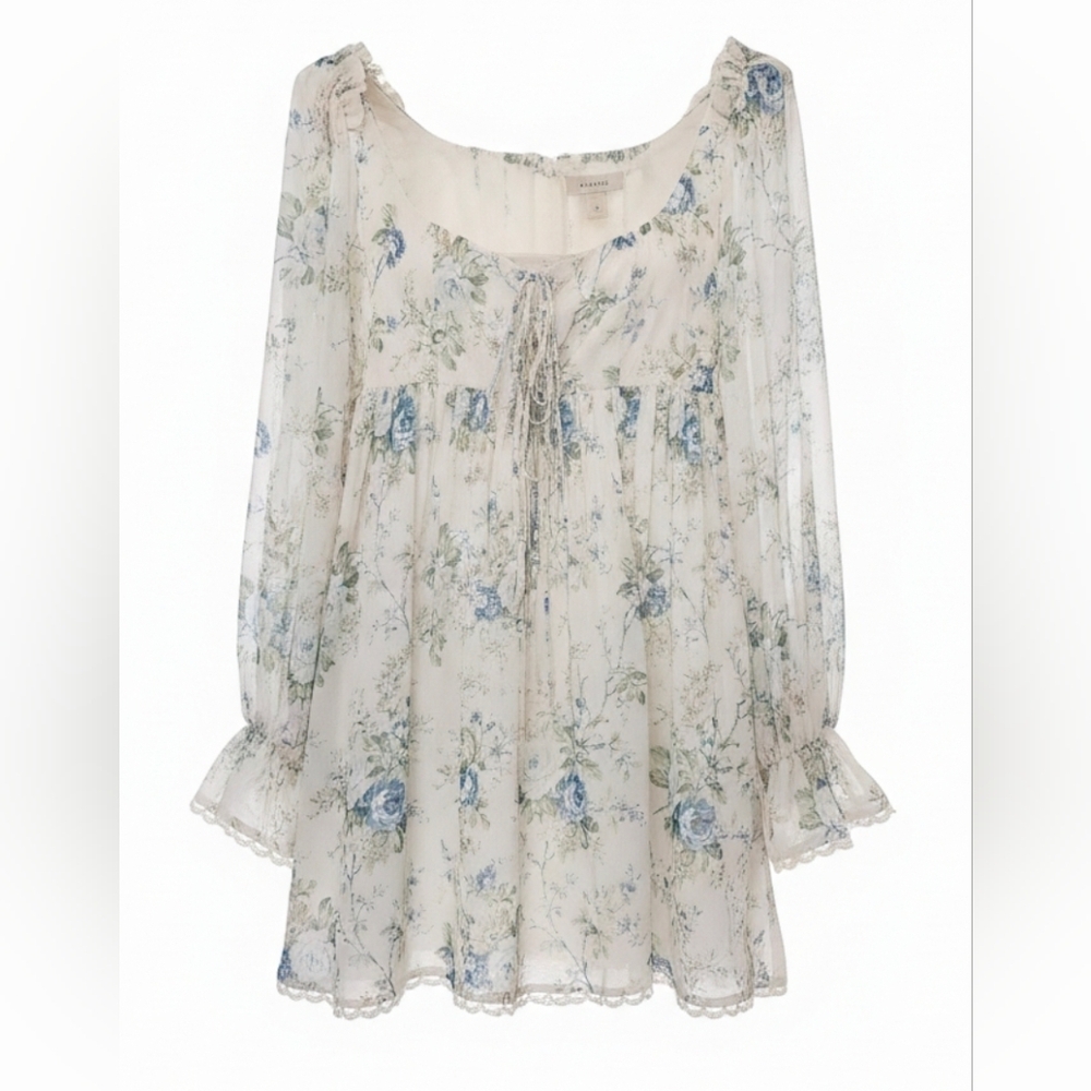 Altar'd State Fern Floral Mini Dress Ivory Blue Babydoll Puff Sleeve Cottagecore - Picture 2 of 14